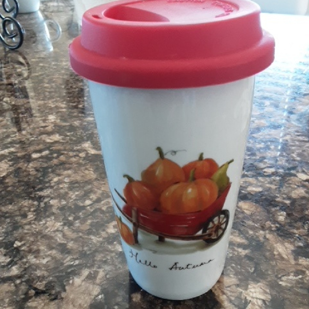 White Autumn Travel Mug with Red Lid NWOT